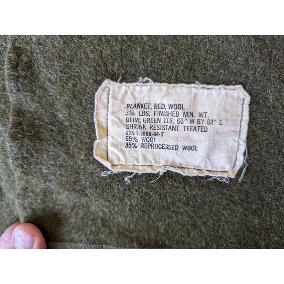 Vintage Vietnam War US army wool bed blanket Olive Green 66 x 79" Single / Twin - Picture 2 of 10